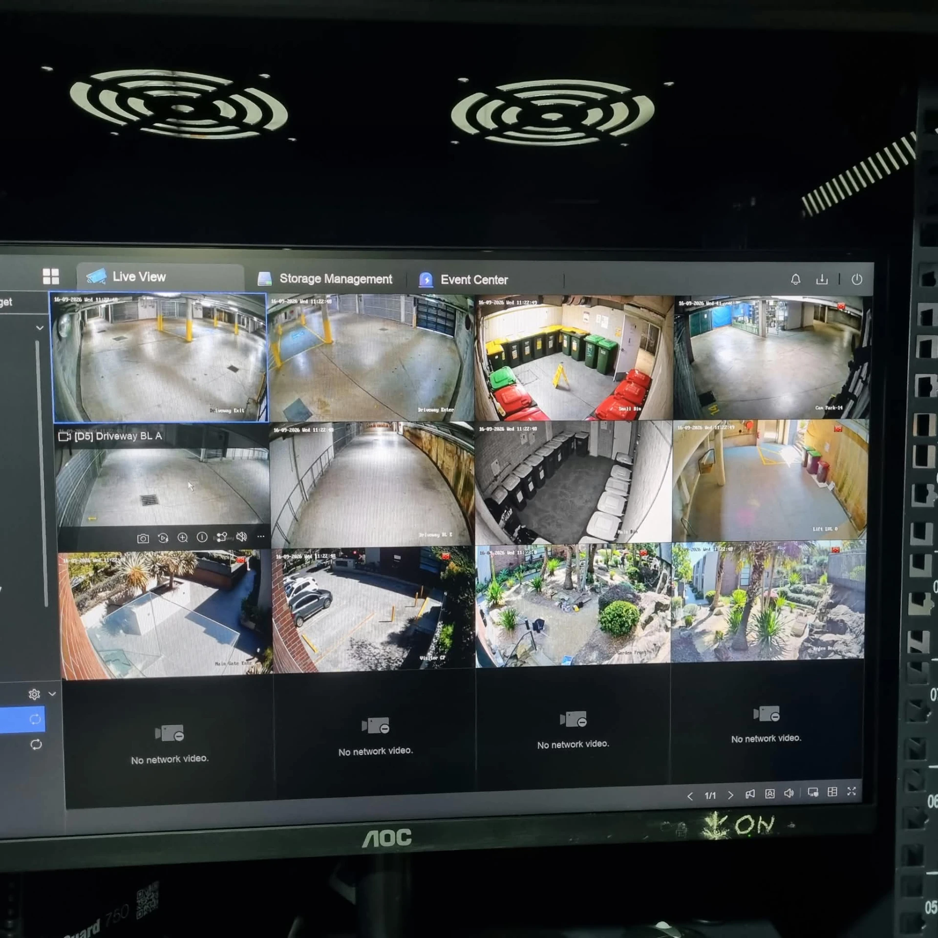 Live view monitor showing a multi-camera CCTV system